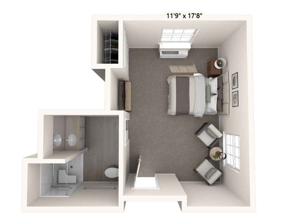 A detailed floor plan of a bedroom showing furniture arrangement and room dimensions.