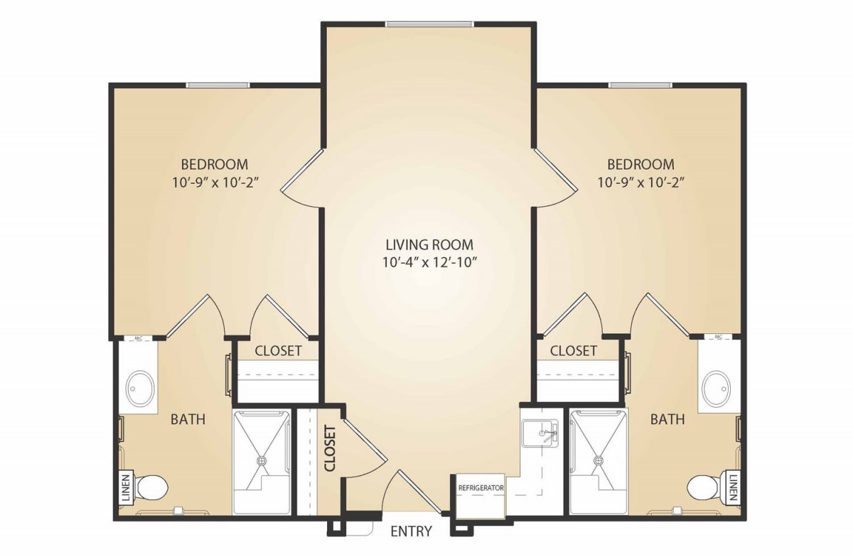 A floor plan of a two-bedroom apartment with a central living room, bathrooms, and closets.