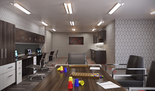 A modern conference room equipped with a large table and ergonomic chairs, designed for collaborative meetings.