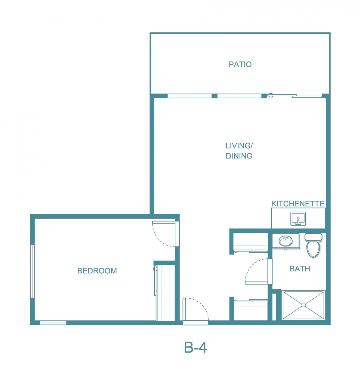 Floor plan of a one-bedroom apartment featuring a living area, kitchenette, bathroom, and patio.