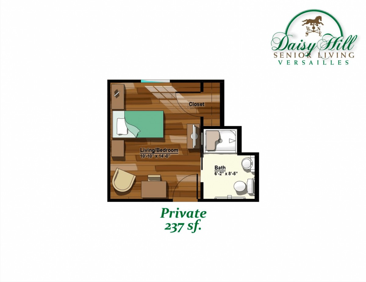 A floor plan of a private 237 square foot living space at Daisy Senior Care, featuring a bedroom and bathroom.