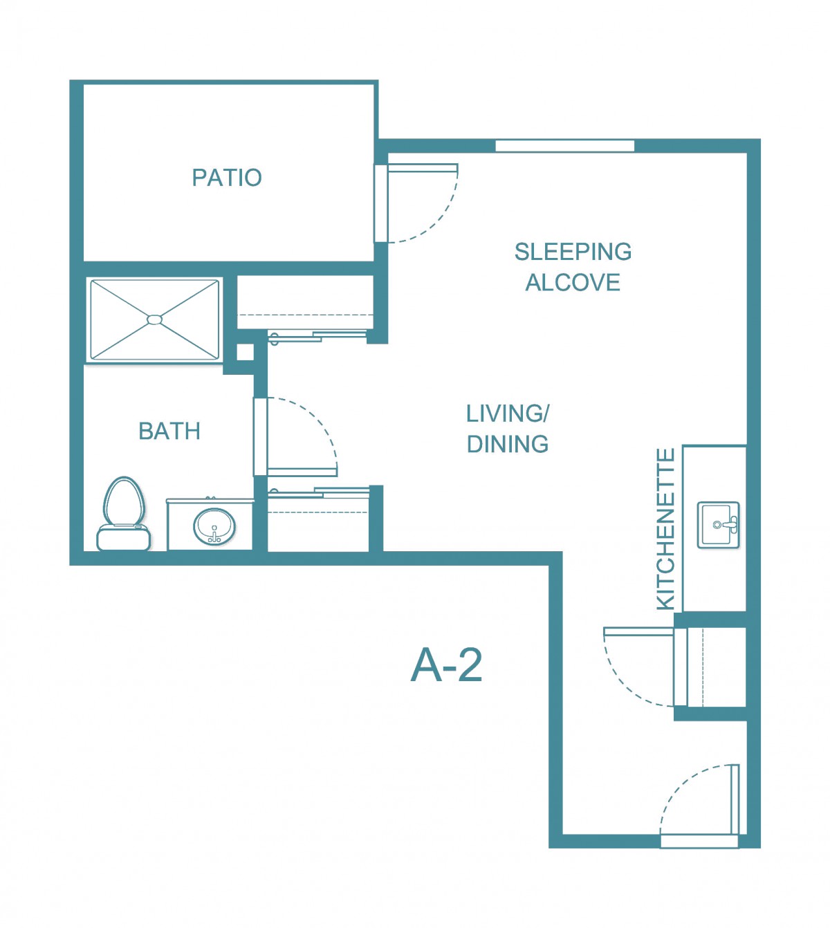 A compact A-2 apartment floor plan featuring a sleeping alcove, living/dining area, kitchenette, bathroom, and patio.