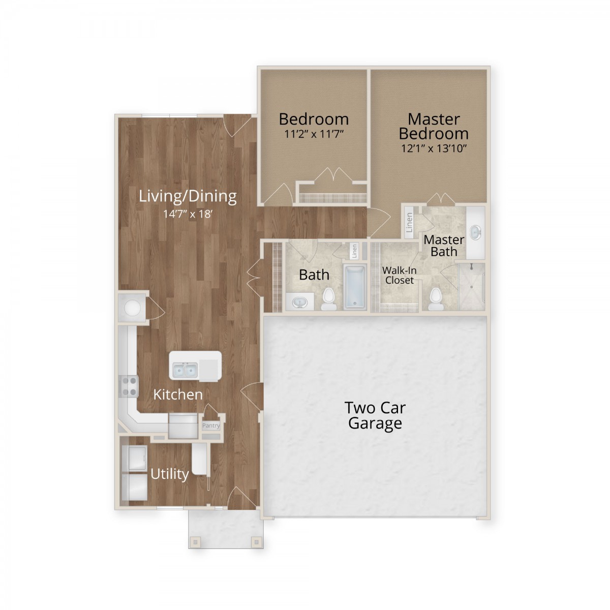 This is a floor plan showing the layout of an apartment with two bedrooms, a garage, and living areas.