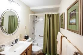 A cozy bathroom with green shower curtain and neatly hung towels.