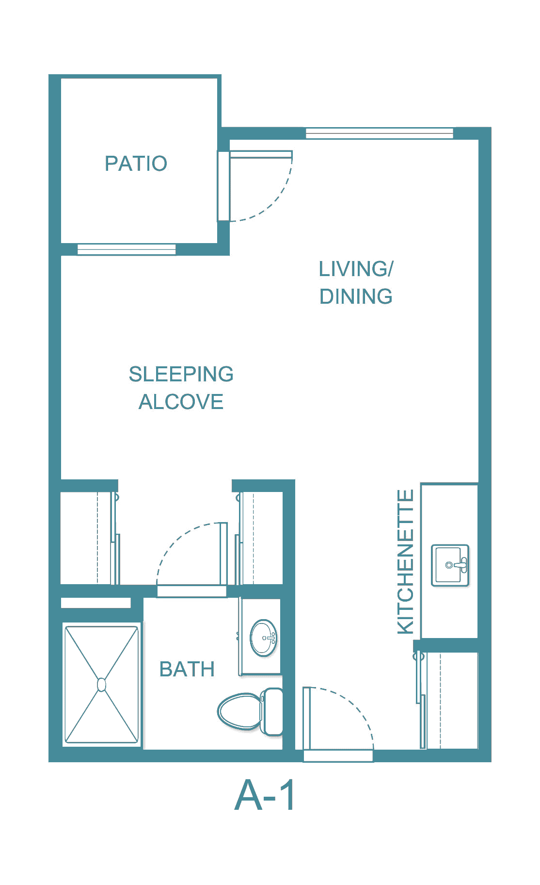 A floor plan of a studio apartment featuring a sleeping alcove, living/dining area, kitchenette, and bathroom.
