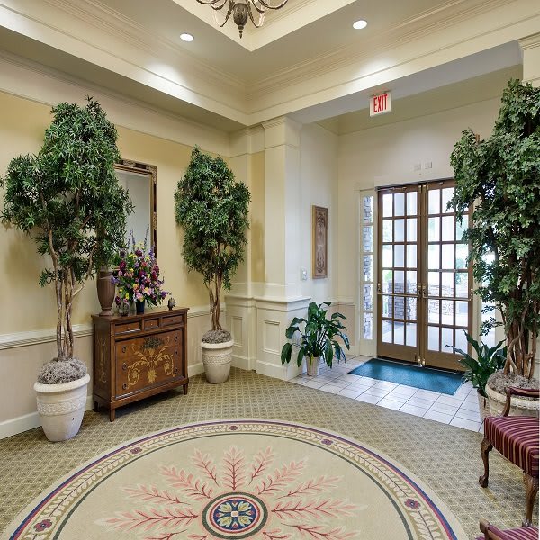 A well-decorated lobby with potted plants, a decorative carpet, and a wooden console table near the entrance.