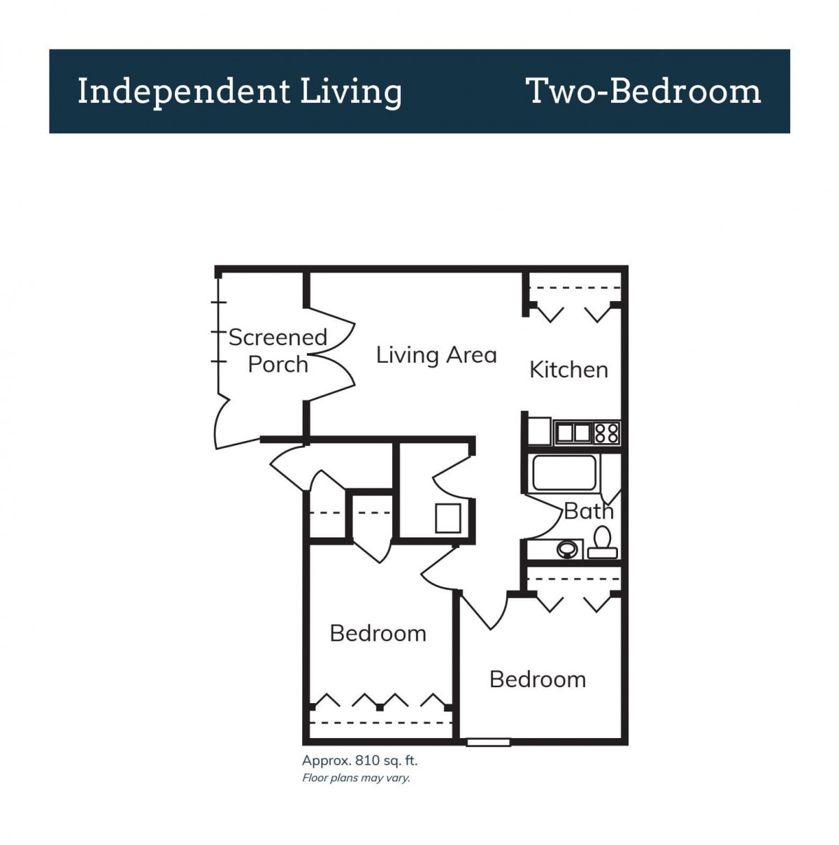 A floor plan for a two-bedroom independent living apartment, featuring a kitchen, bathroom, living area, and screened porch.