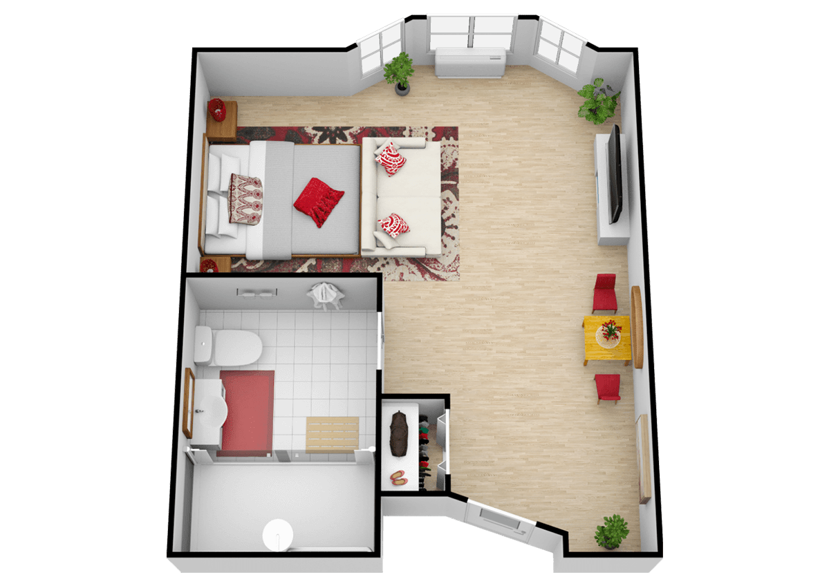 A 3D floor plan of a one-bedroom apartment with an open living and dining area.