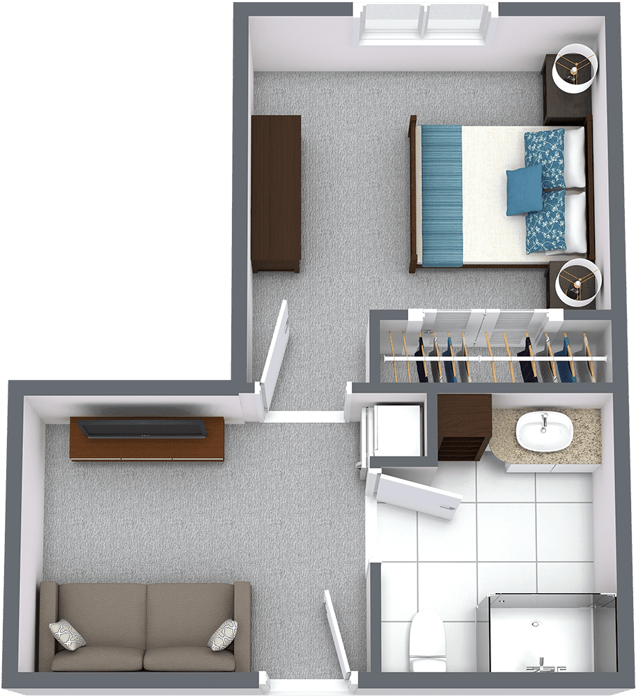 A detailed floor plan of a one-bedroom apartment featuring a living room, kitchen, and bathroom.