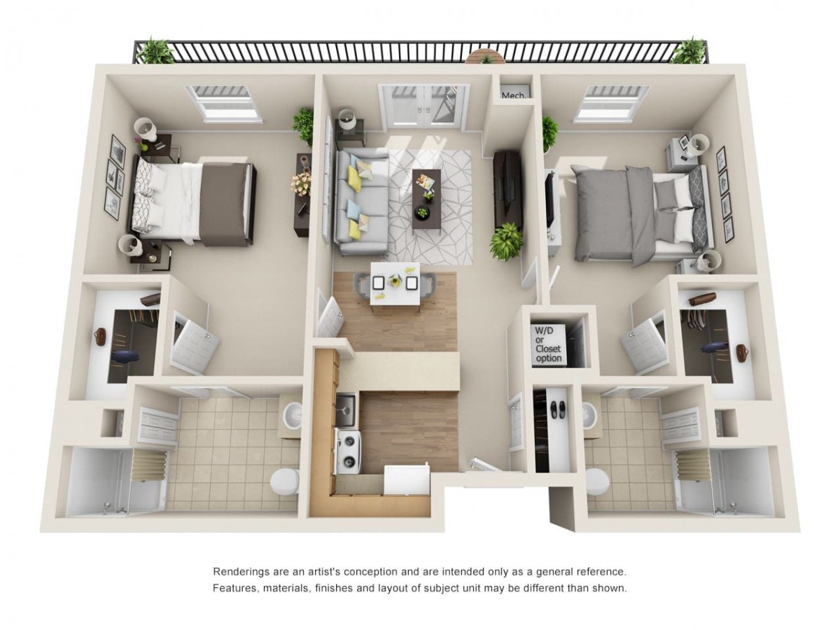 A 3D floor plan of a two-bedroom apartment featuring a living room, kitchen, and bathroom.