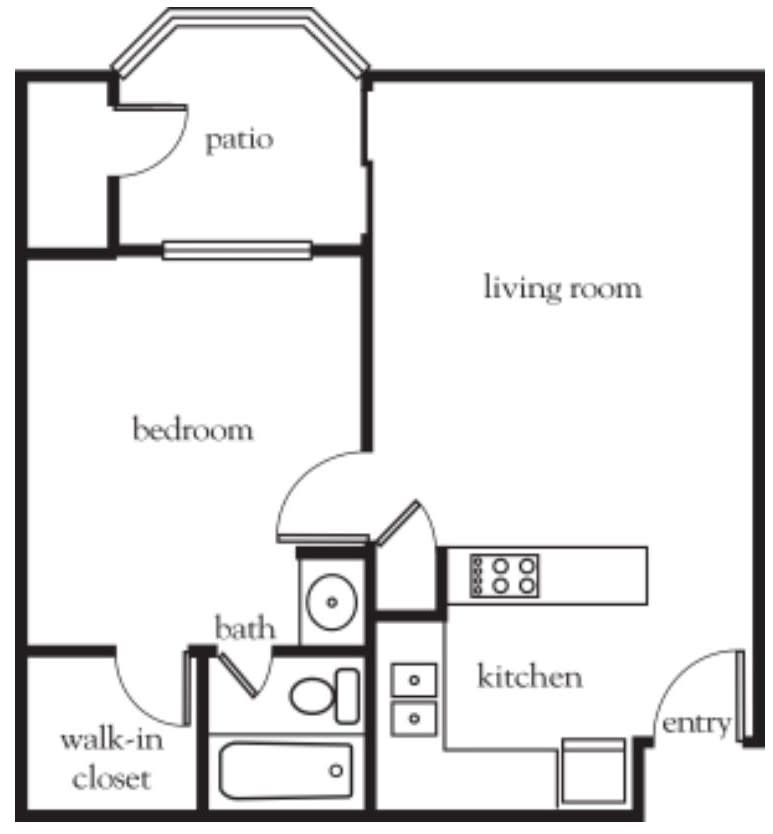 A floor plan of a one-bedroom apartment featuring a living room, kitchen, bathroom, walk-in closet, bedroom, and patio.