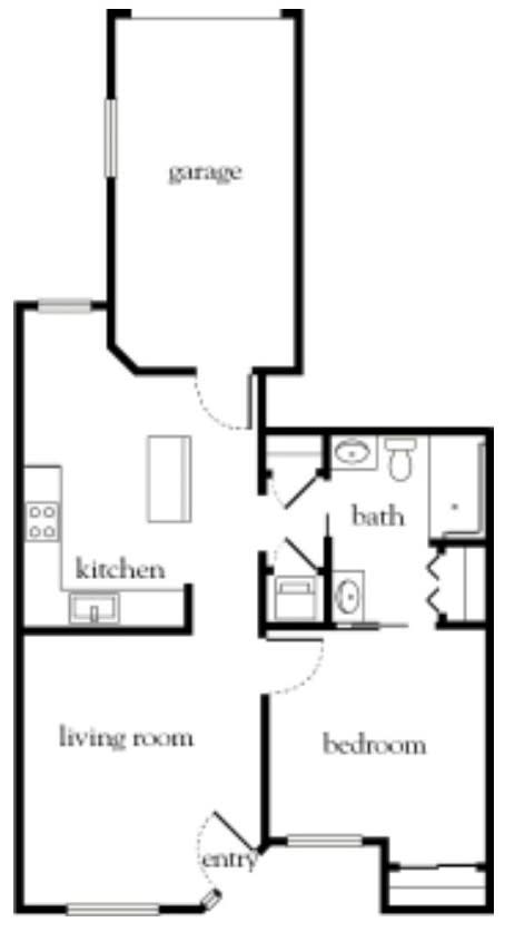 A simple apartment floor plan showing a kitchen and bathroom layout.