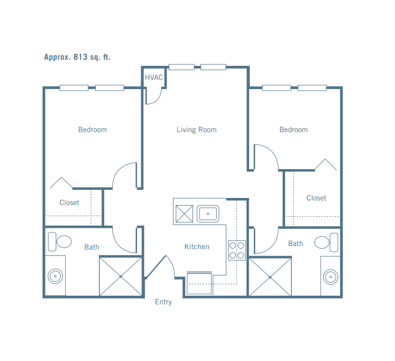 A floor plan of a two-bedroom apartment featuring a central living room, kitchen, and two bathrooms.