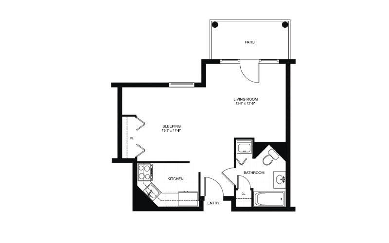 Apartment floor plan with living room, kitchen, bedroom, and bathroom.