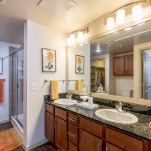 A modern bathroom featuring a double sink with granite countertops and wood cabinets, complete with a large mirror and vanity lights. A glass-enclosed shower is visible in the background.