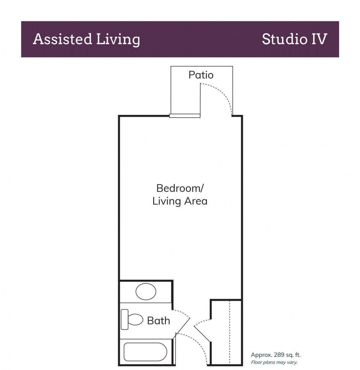 Floor plan of an assisted living studio apartment with a patio.