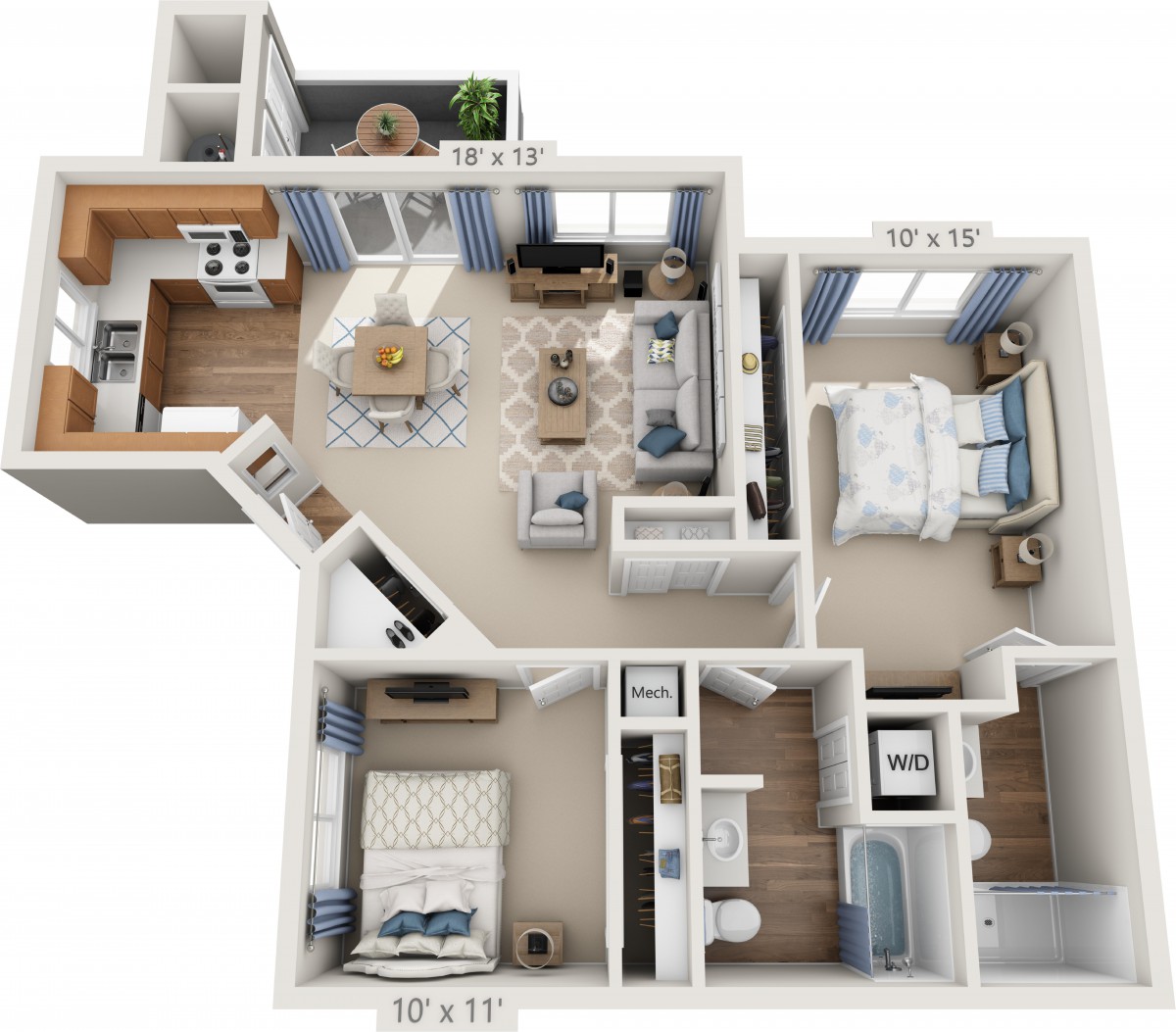 A 3D rendered floor plan of a modern apartment featuring two bedrooms, a living area, and a kitchen.