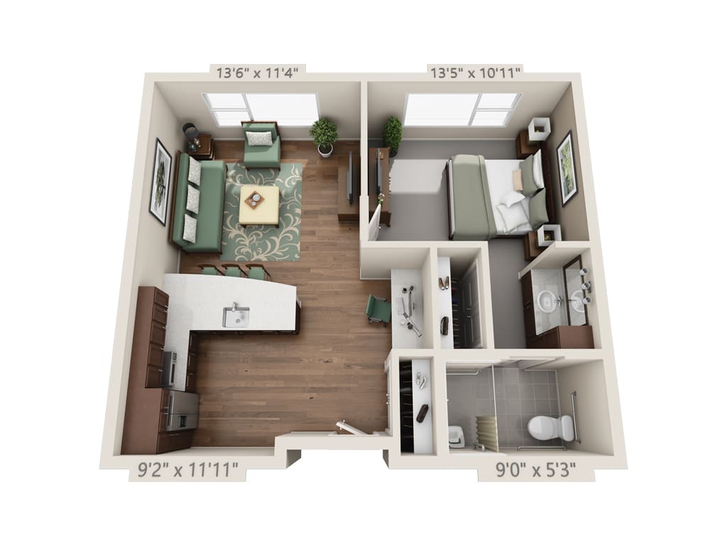 A 3D floor plan of a one-bedroom apartment with a living room, kitchen, and bathroom.
