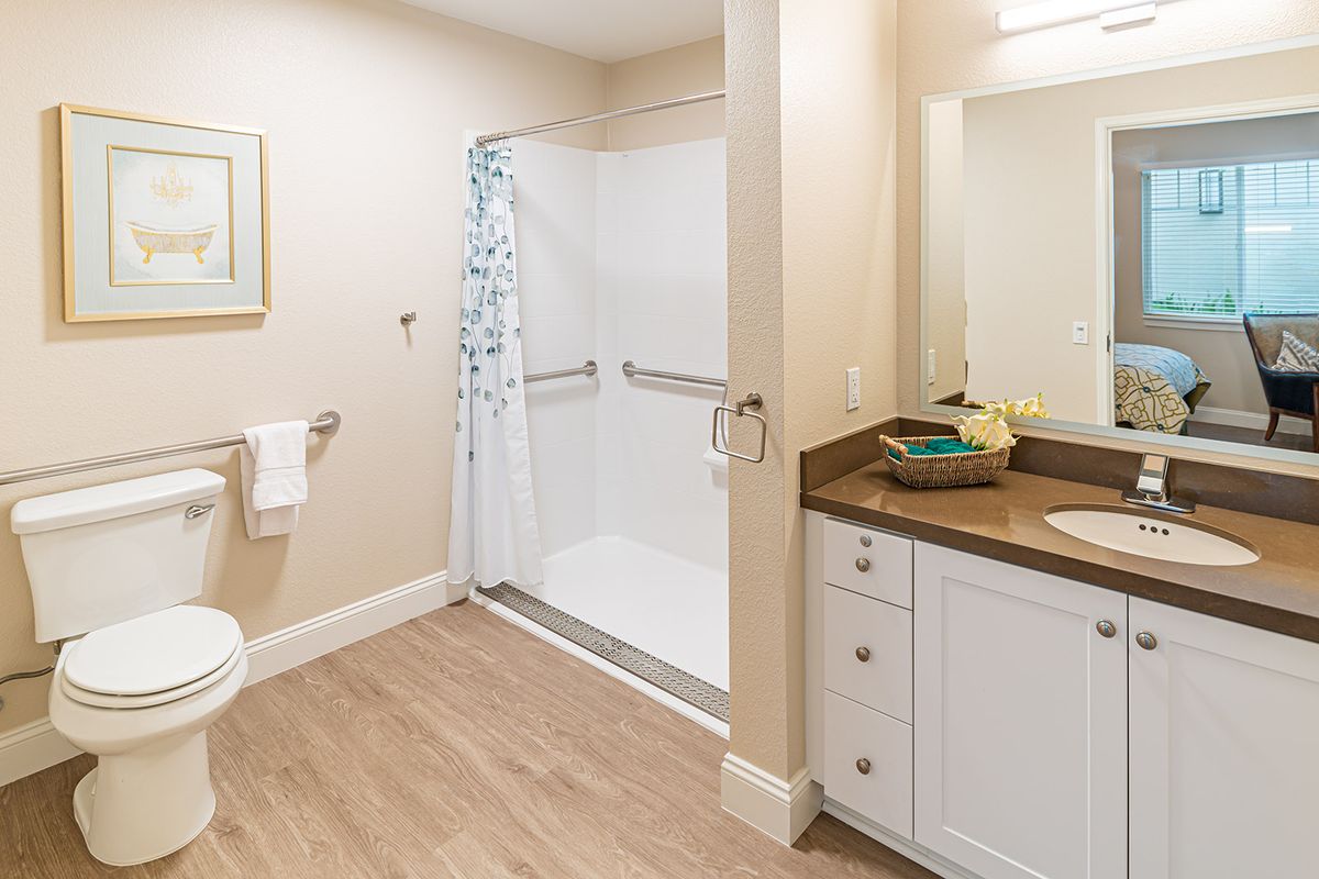 A modern bathroom with a shower area, sink with countertop, and wooden flooring.