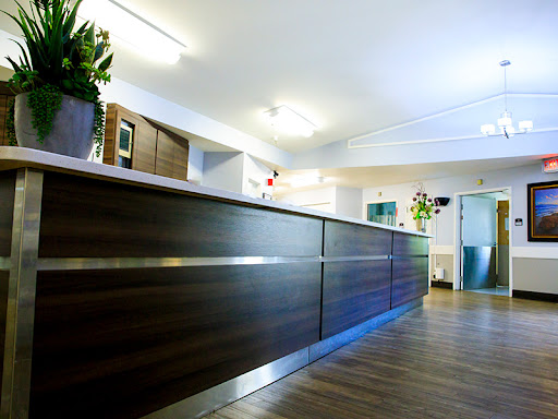 A modern office reception area featuring a sleek counter and indoor plants.