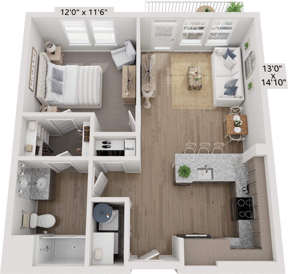 This image depicts a one-bedroom apartment floor plan featuring a living room, kitchen, bathroom, and a bedroom.