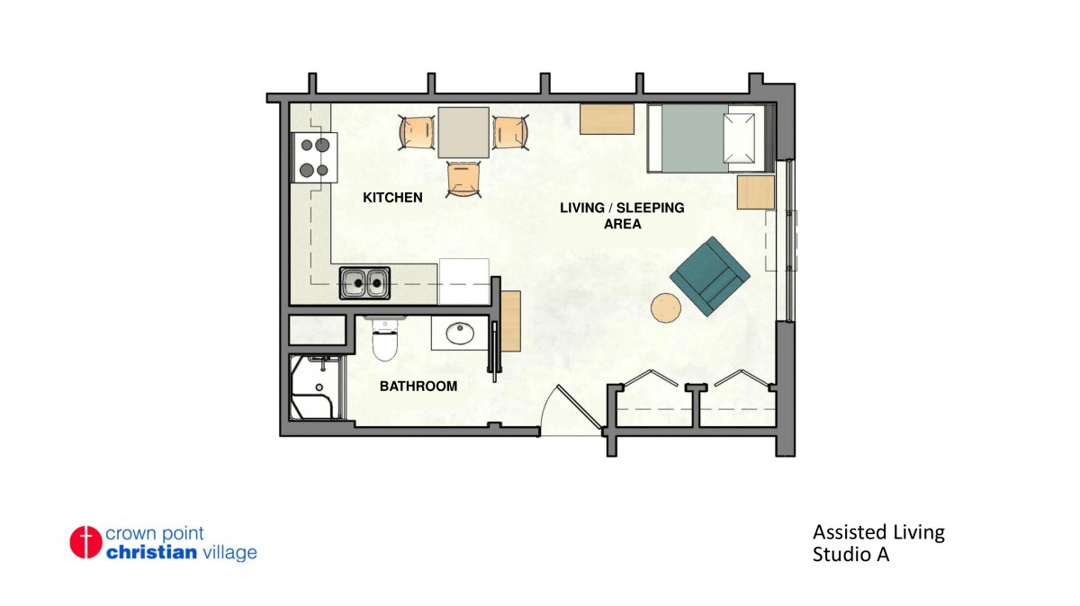A floor plan of a small apartment featuring a kitchen, living/sleeping area, and bathroom.