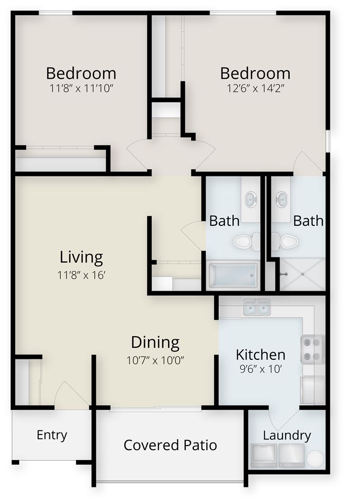 A floor plan showing a two-bedroom apartment layout with living room, kitchen, dining area, and bathrooms.