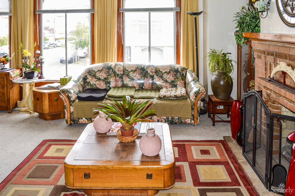 A cozy living room with a patterned sofa and a wooden coffee table adorned with plants.