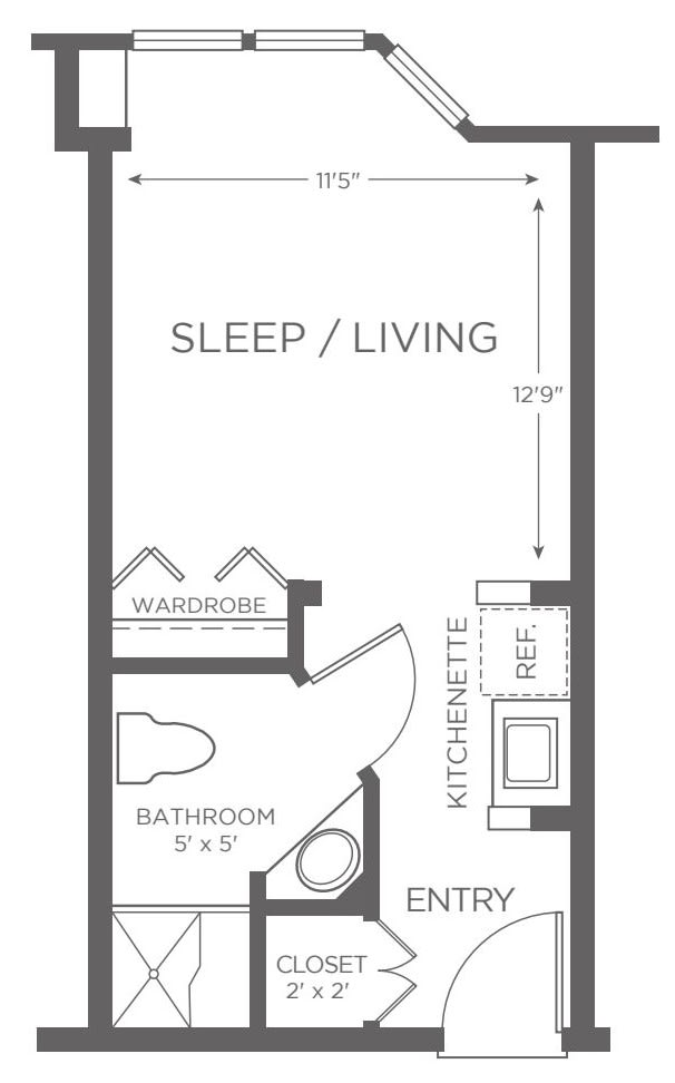 Studio apartment layout with living/sleeping area, kitchenette, and bathroom.