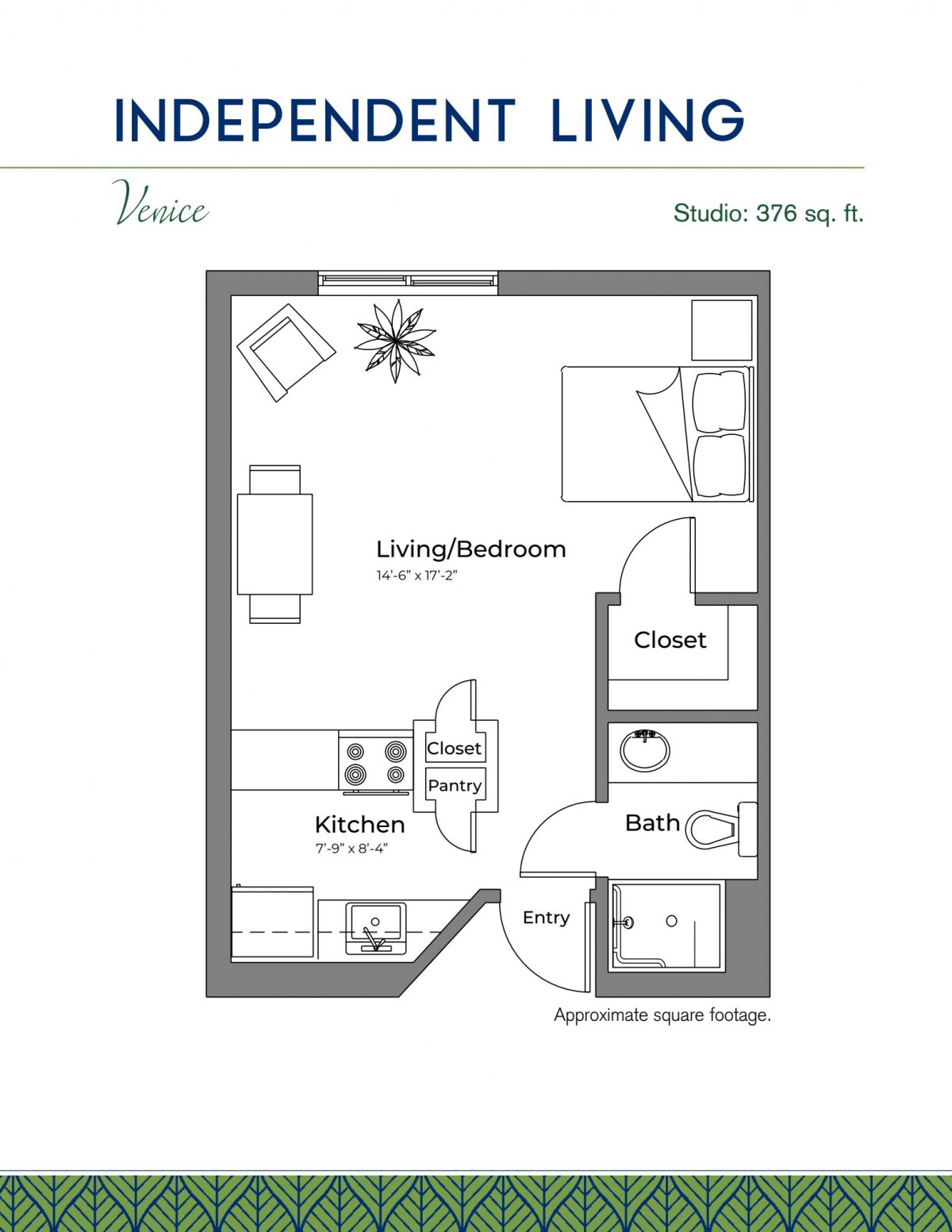 A floor plan of a studio apartment measuring 276 square feet, featuring a combined living room and bedroom, kitchen, closet, and bathroom.