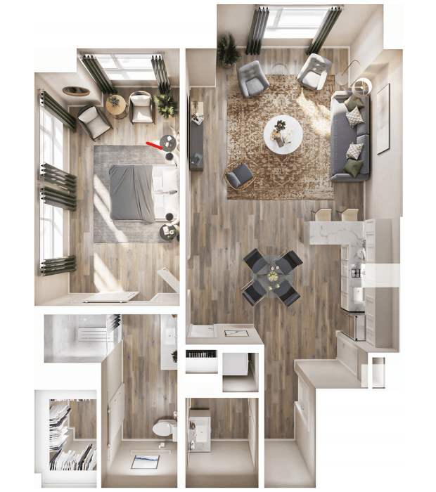 Modern apartment floor plan with a cozy living room, kitchen, and bedroom.