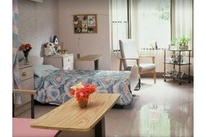 A tidy and bright hospital room with a single bed, a bedside table with flowers, and a window letting in natural light.