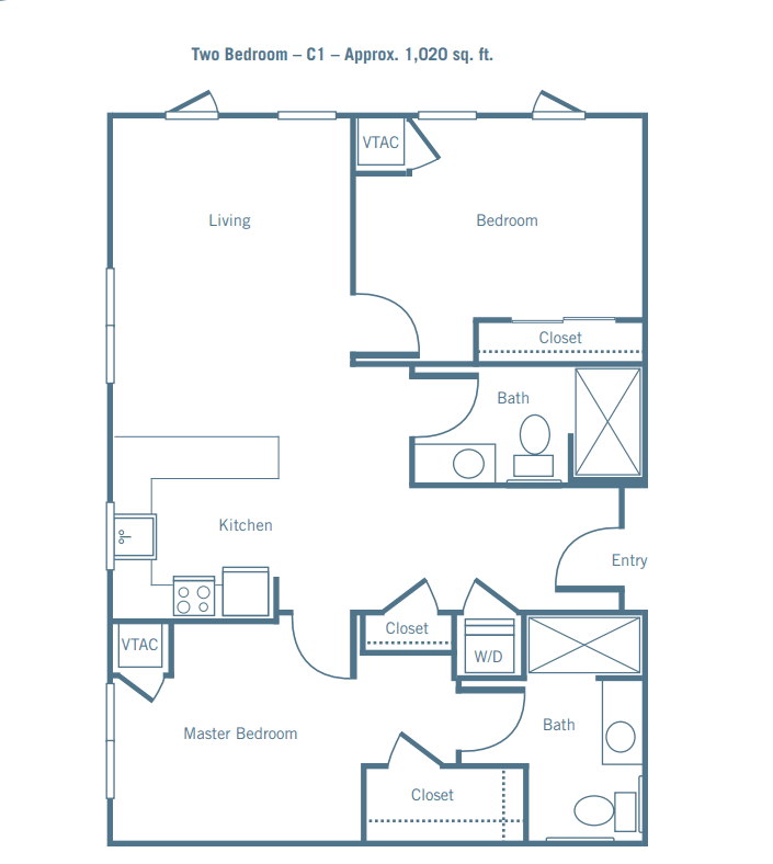 Two-bedroom apartment floor plan with living room, kitchen, and two bathrooms.