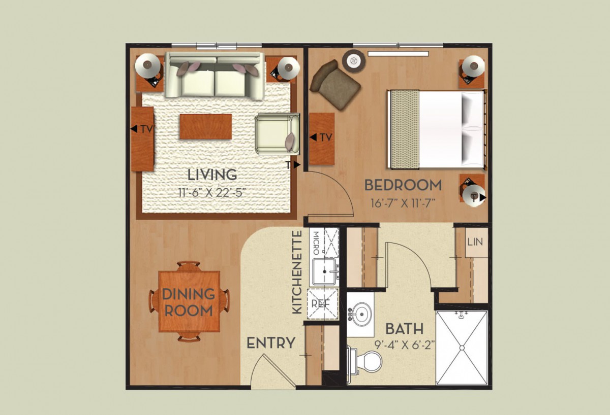 A one-bedroom apartment floor plan featuring a living room, dining area, bathroom, and closet.