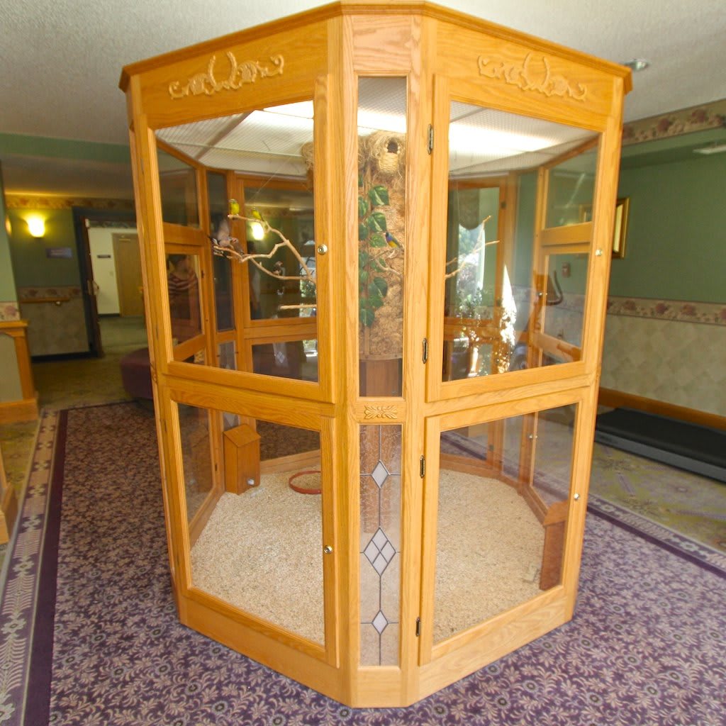 A wooden and glass birdcage in a lobby setting.