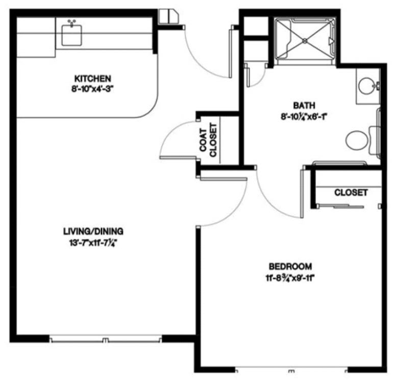 A floor plan of a one-bedroom apartment with a kitchen, living/dining area, bathroom, and closets.