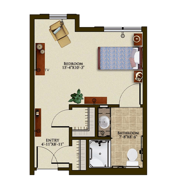 Studio apartment floor plan with combined living and sleeping area, kitchen, and bathroom.