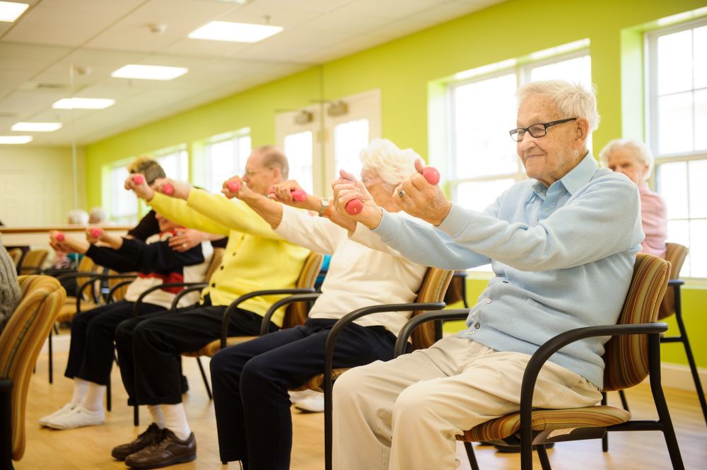 A group of seniors participating in a seated exercise class, lifting small hand weights in a brightly lit room.