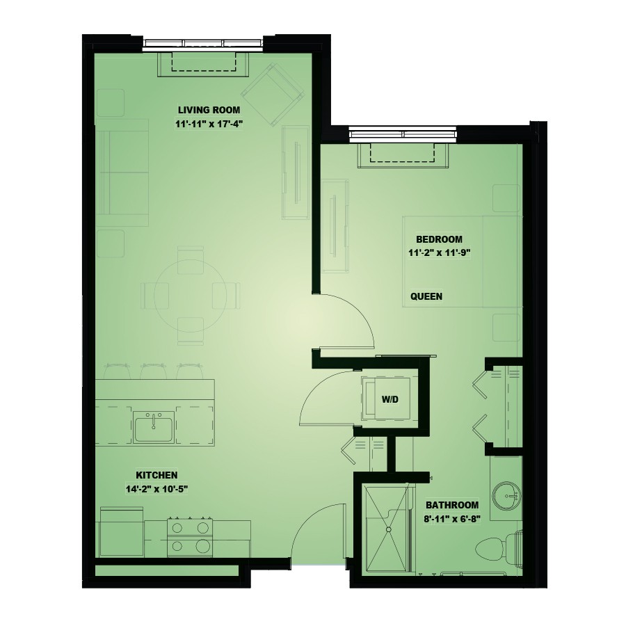 A floor plan showcasing the layout of an apartment with labeled rooms and dimensions.