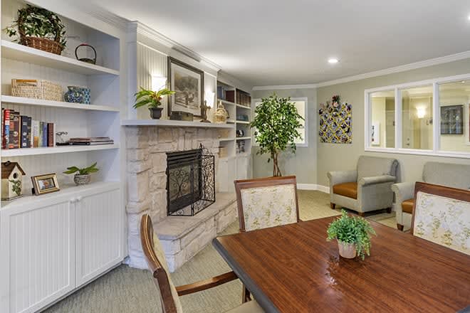 A cozy living and dining area featuring a fireplace, wooden dining table, armchair, and decorative plants.