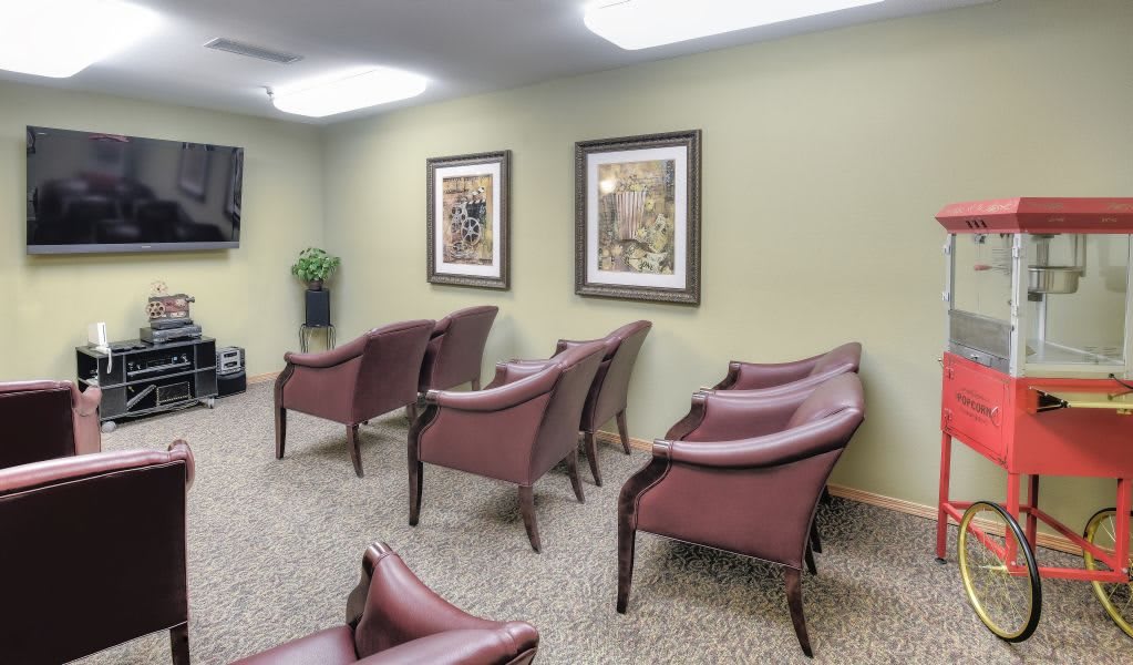 A well-lit waiting room featuring several chairs, framed artwork on a green wall, and a potted plant.