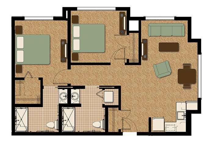 A floor plan of a two-bedroom apartment featuring a living room, kitchen, and two bathrooms.