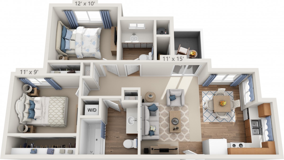 A detailed floor plan of a one-bedroom apartment with labeled dimensions.