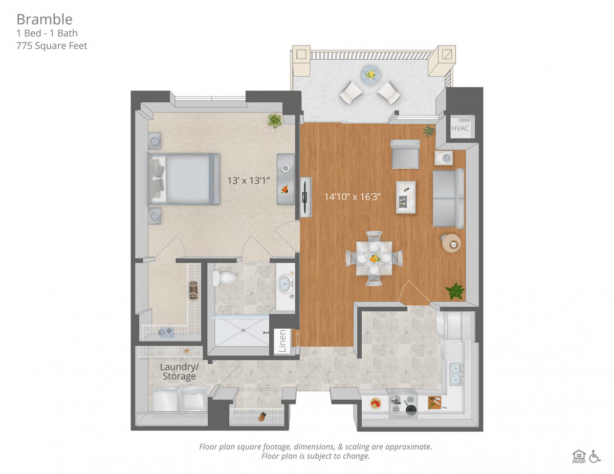A floor plan of a one-bedroom apartment with a living room, kitchen, and bathroom.