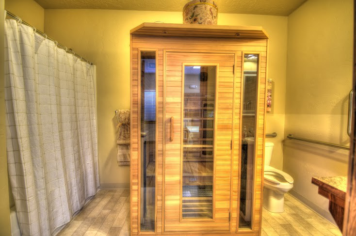 An indoor wooden sauna designed for relaxation and wellness.