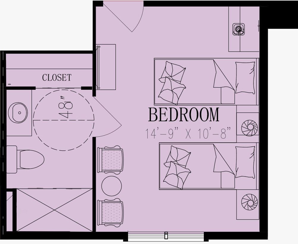 A floor plan of a bedroom with two beds and a closet.
