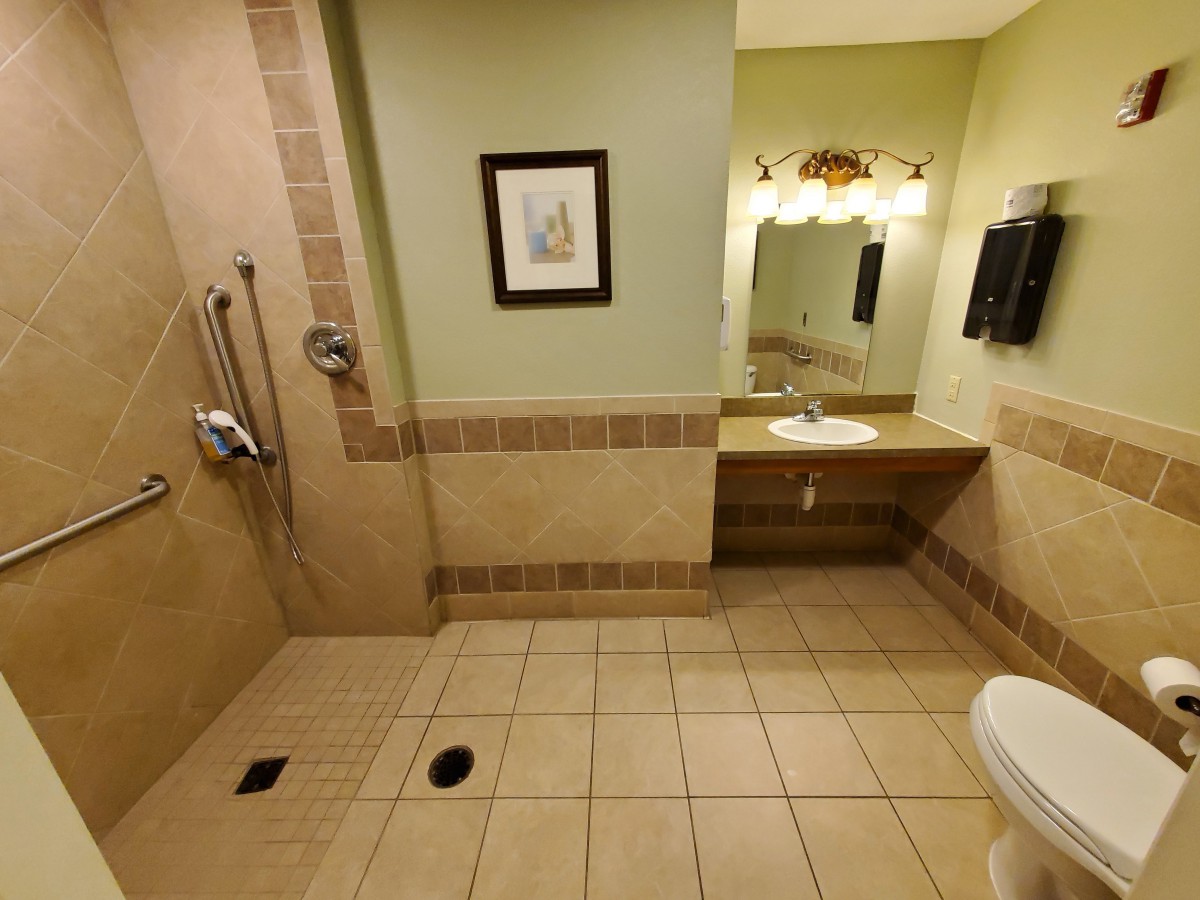 A clean and spacious bathroom with a tiled floor, featuring a shower area, sink with a mirror, handrails for accessibility, and decorative wall art.