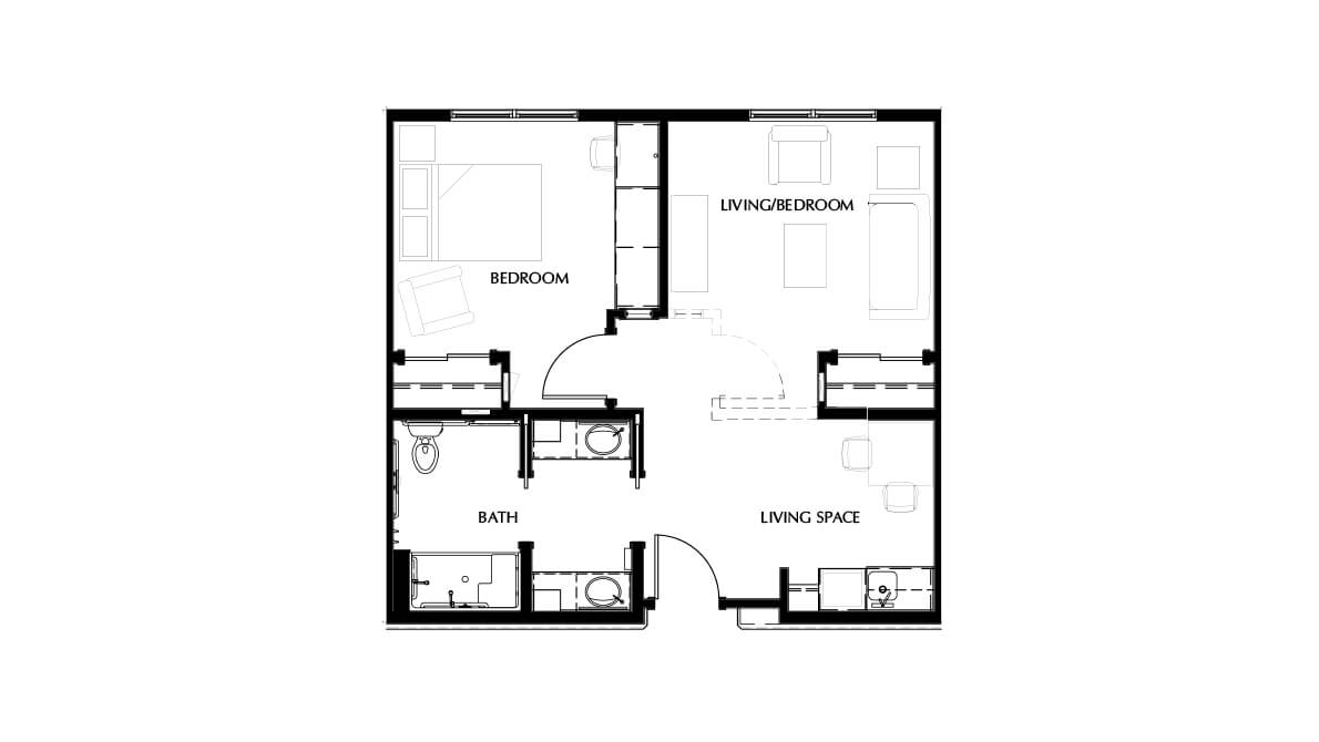 A simple floor plan of an apartment showing bedroom, living room, kitchen, and bathroom.