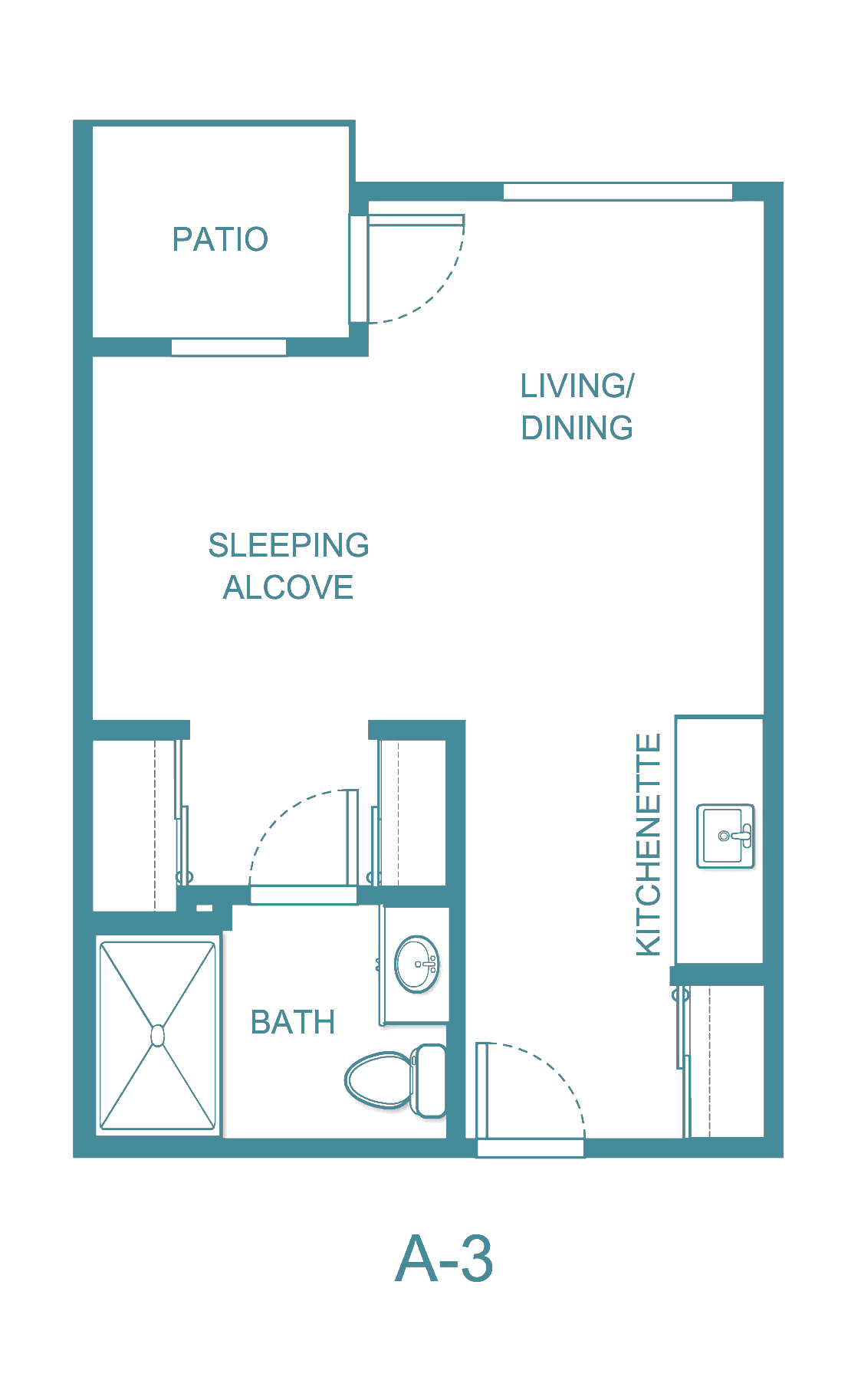 Studio apartment floor plan featuring a sleeping alcove, living/dining area, kitchenette, and bathroom.