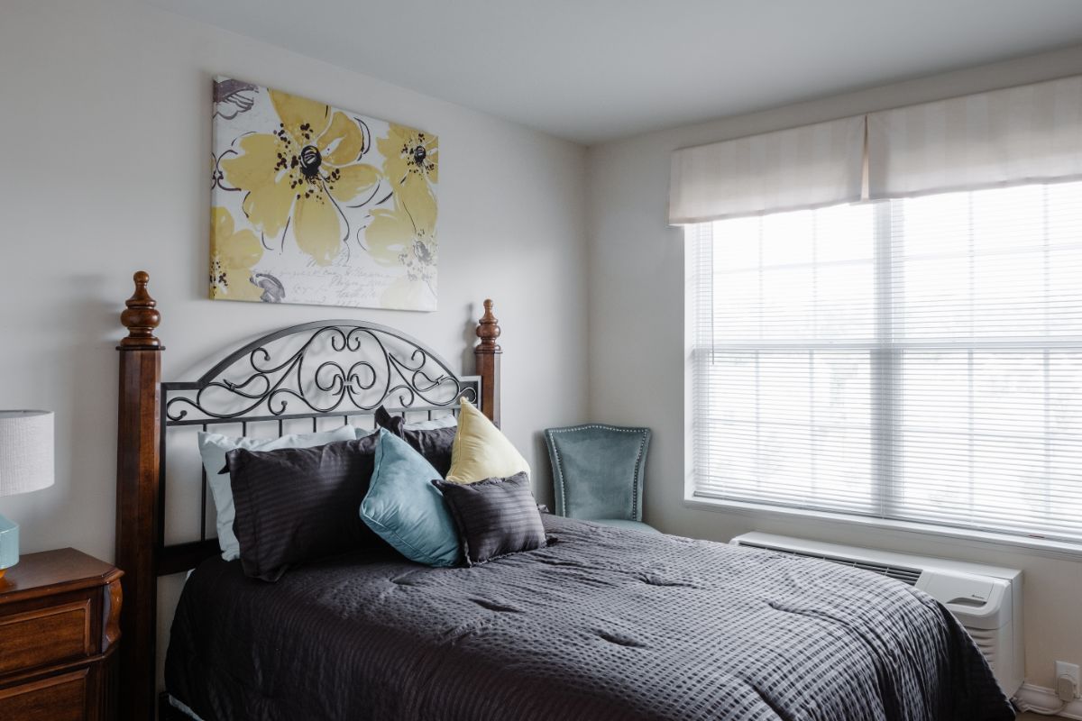 A cozy bedroom with a neatly made bed, decorative pillows, and bright natural light from the window.
